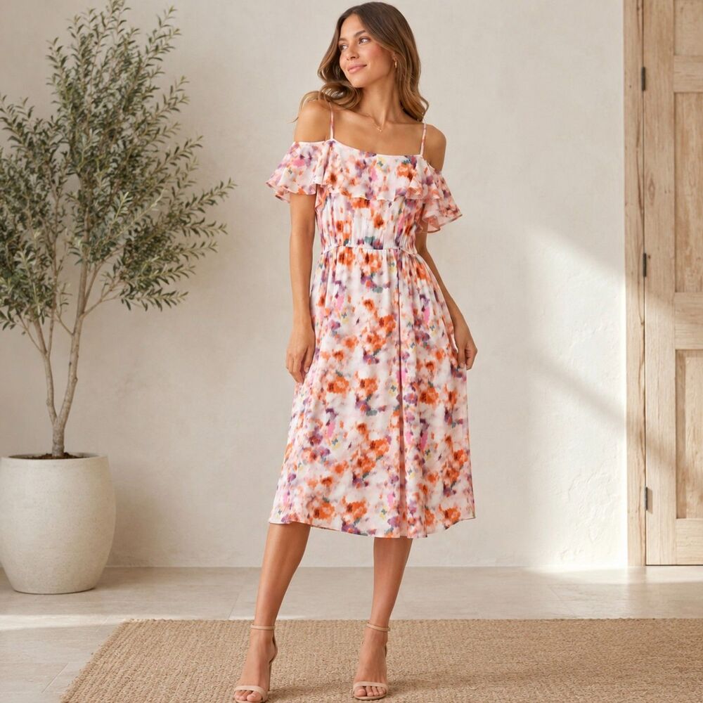 Lucky Brand Floral Off Shoulder Midi Dress XS Boho Cottagecore Sundress